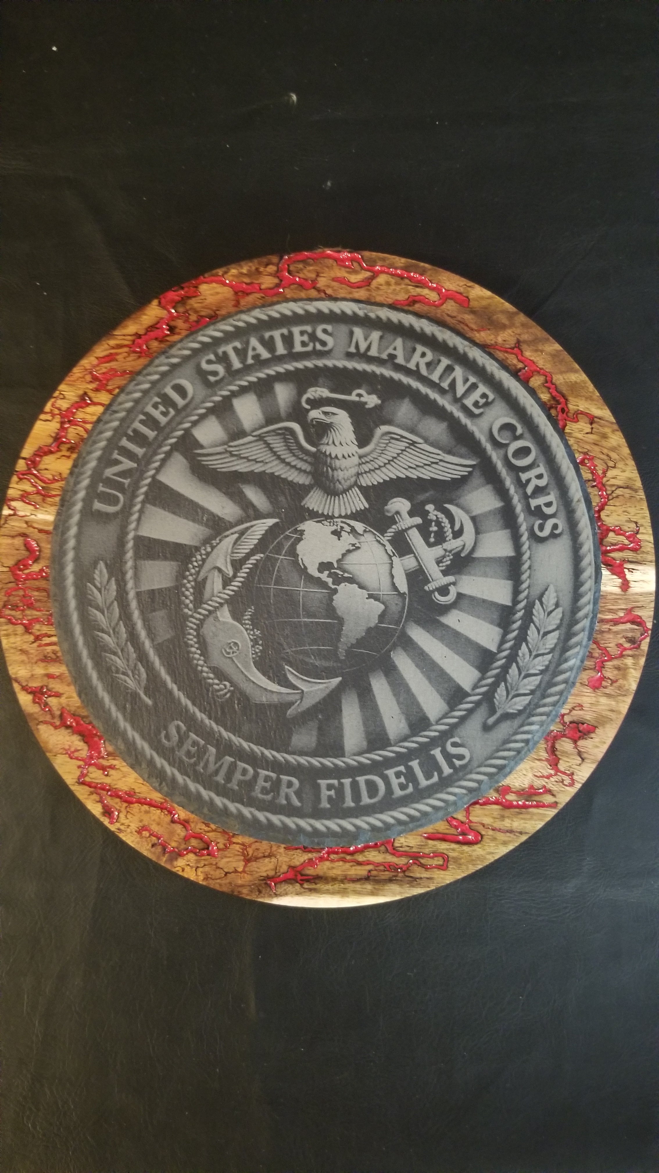 Marine Corps Slate Engraving on Glossed Fractal Burnt Wood – Handmade Military Wall Art