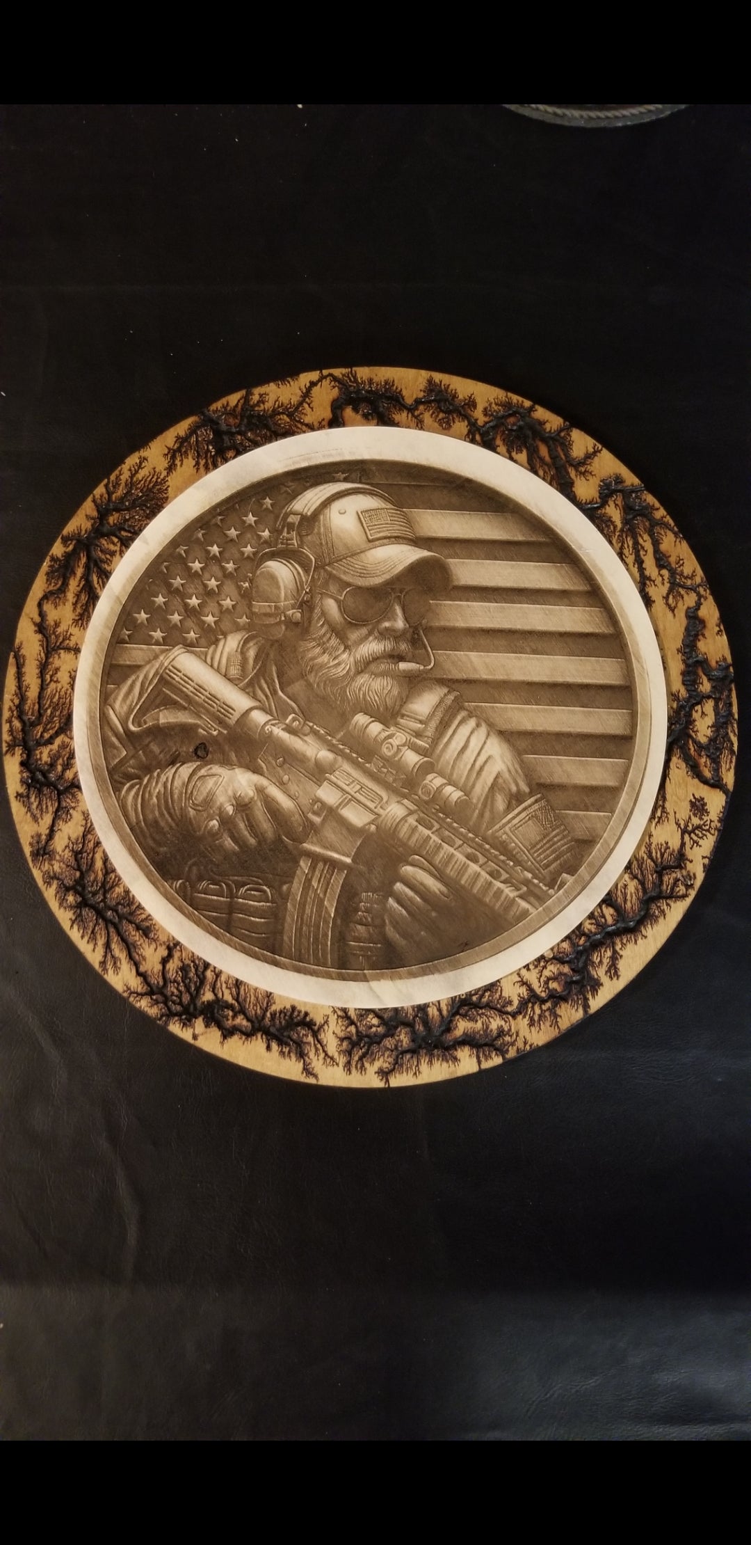 “19.5" Fractal Burned Soldier American Flag Wood Art – Laser Engraved Patriotic Decor
